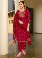 Rayon Red Traditional Wear Embroidery Work Readymade Kurta Set